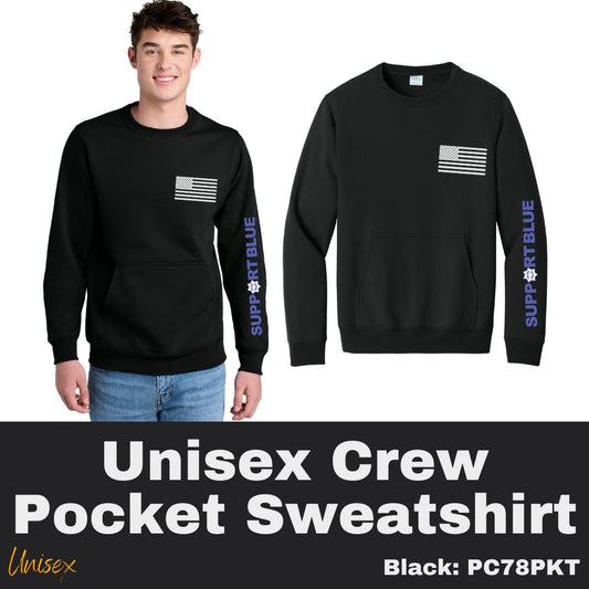 120 US Flag with Support Blue Black Unisex Crew Pocket Sweatshirt
